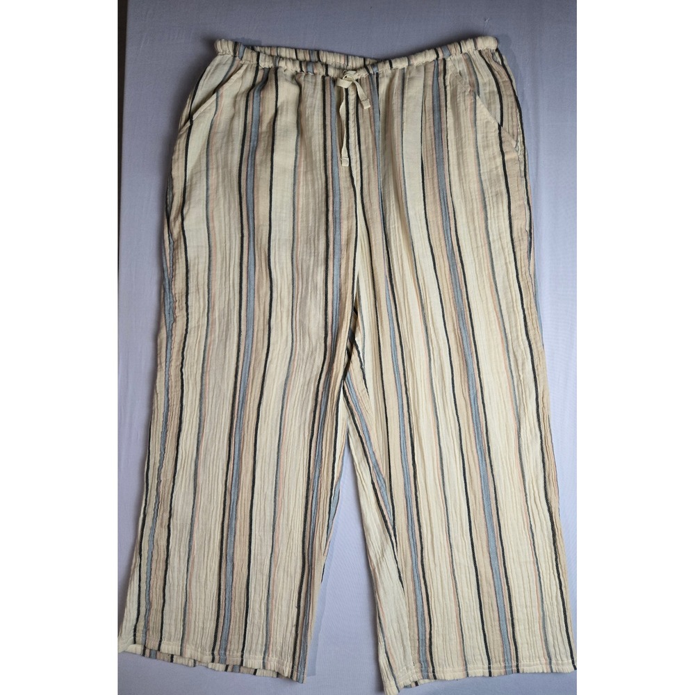O'Neill Striped Wide Leg Gauze Pants Cream Blue Peach XL Beach Casual Drawstring